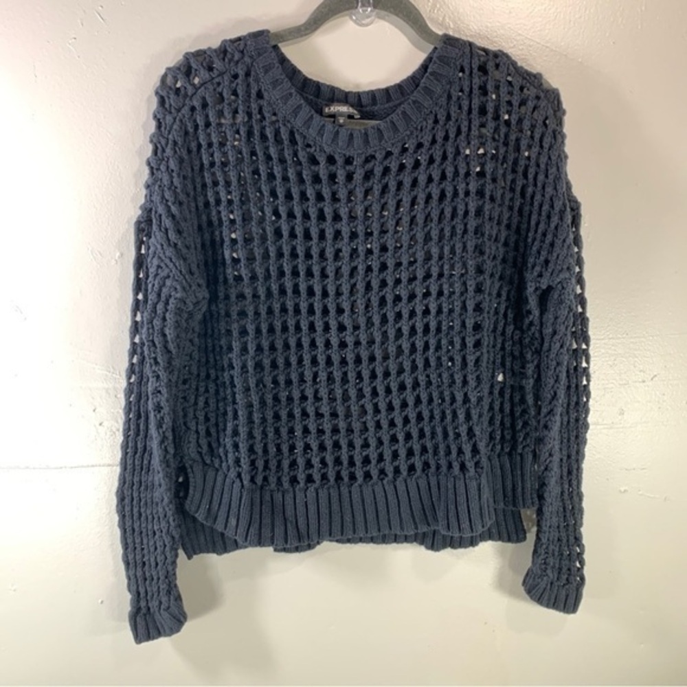 EXPRESS Black open knit sweater long sleeve scoop neck grid mesh like pattern